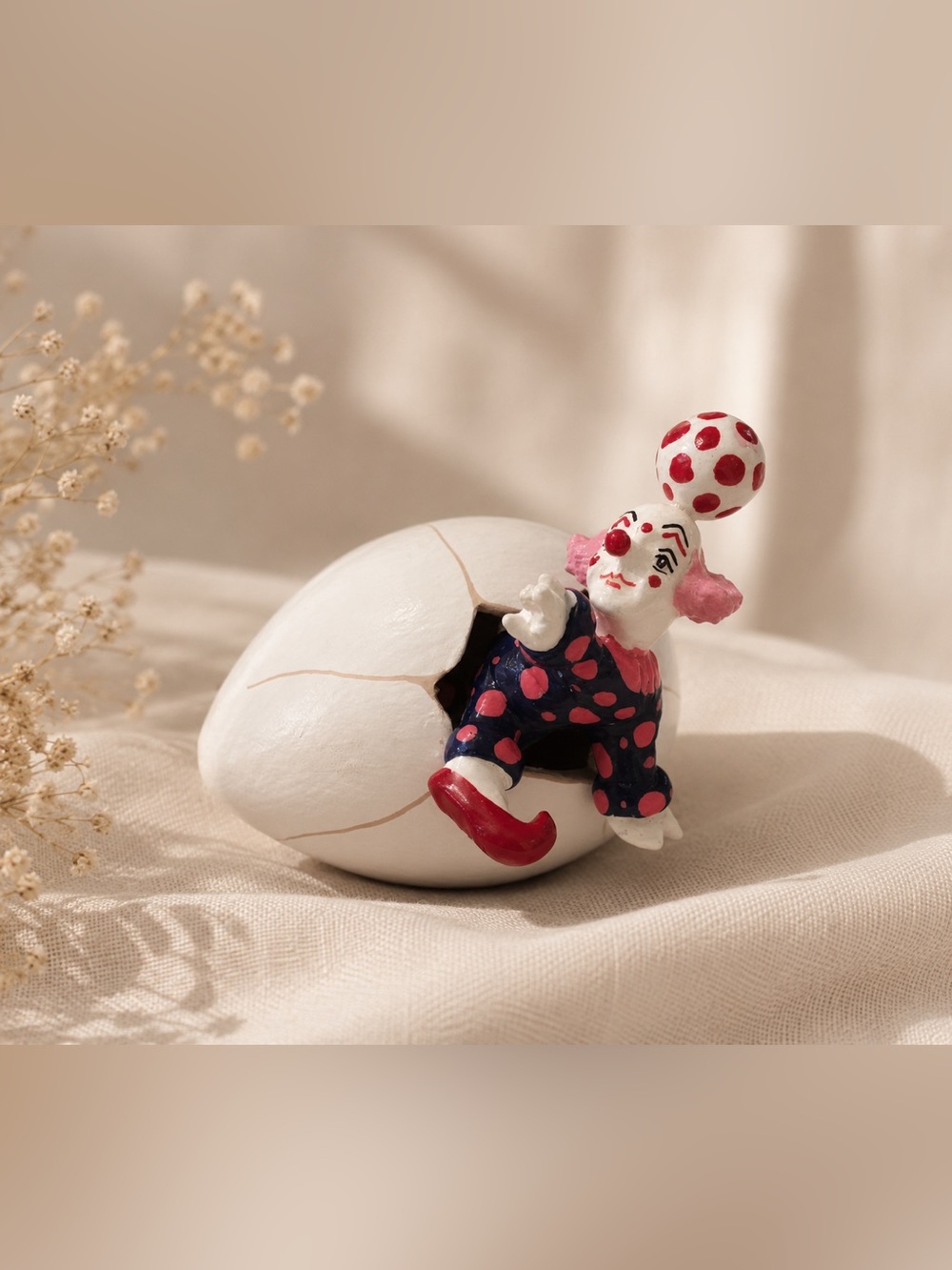 Whimsical Clown in Egg Figurine